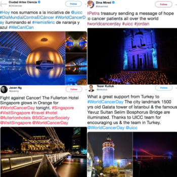 Landmarks around the world lit in orange and blue